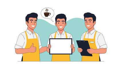 Fototapeta premium Team of three friendly male baristas wearing yellow aprons and white shirts showing a blank sign board and holding a clipboard for menu options.