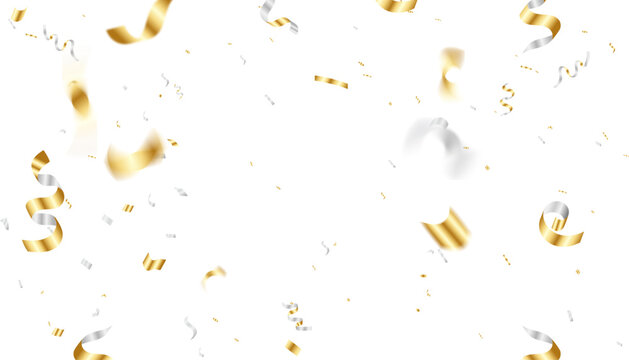 Golden and silver confetti ribbons isolated on white background