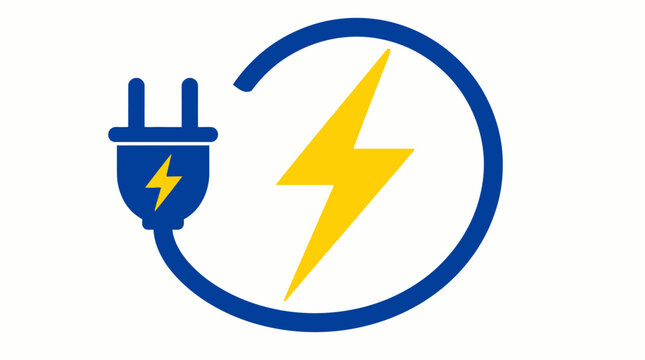 Electrical plug and lightning bolt energy circle logo.
