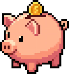 Fototapeta premium Cute pixel art pink piggy bank with a gold coin on top, retro savings concept.