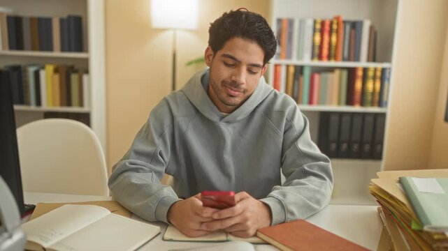 Man holding smartphone with both hands looking down at screen among open books and folders at a desk in a building; distraction study break.