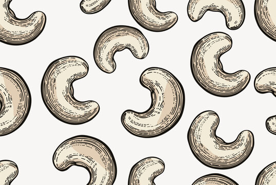 Seamless pattern of cashew nuts in a retro hand-drawn engraving style on a clean white background.