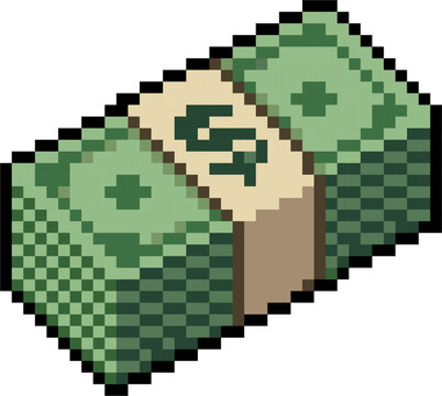 Pixel art green stack of dollar bills band, retro bundle of paper cash money.