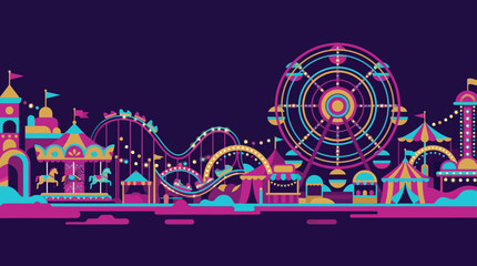 Night amusement park with ferris wheel and coaster.