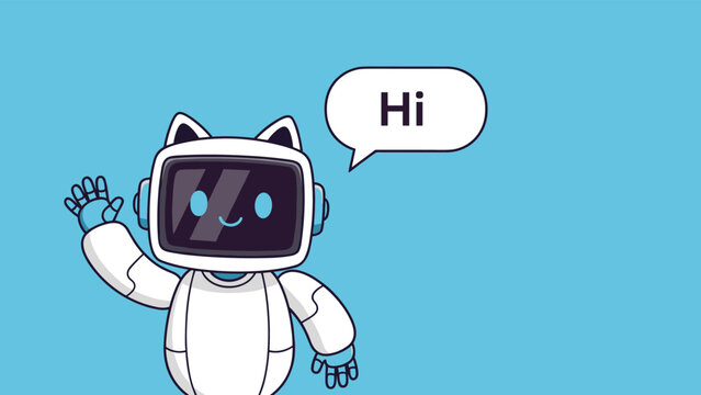 Cute white robot with a cat ear screen head waving and saying hi in a speech bubble on a blue background.