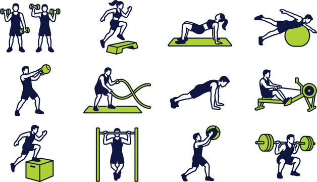 Fitness and Gym Workout Icon Set with Weightlifting Crossfit Kettlebell Battle Ropes Pullups Row Machine and Aerobic Exercise Vectors