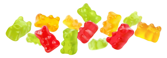 Plakat Colorful gummy bears floating in air, isolated on transparent cutout background