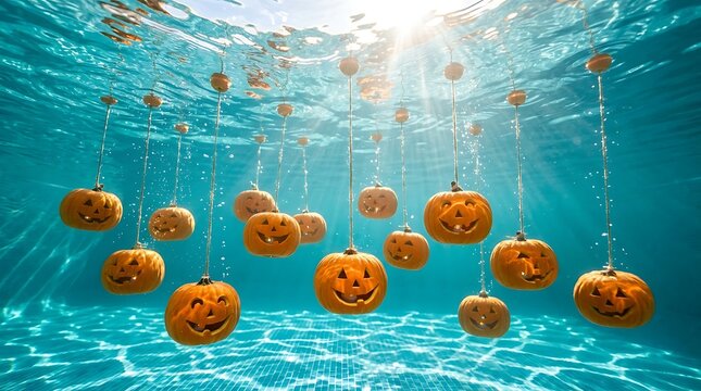 Halloween pumpkins carved with faces submerged underwater with sun rays shining through water in pool.