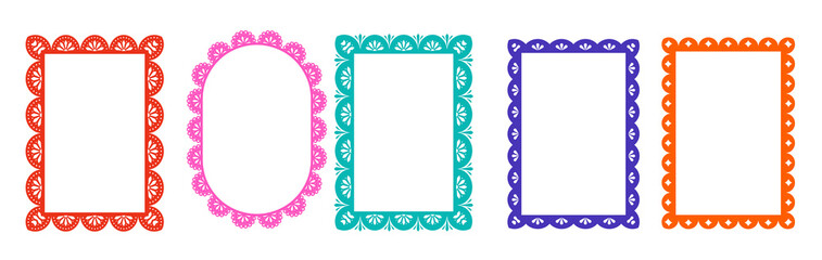 Collection of papel picado frames in traditional Mexican folk art style. Decorative vector borders for wedding invitations, fiesta flyers and Day of the Dead holiday party designs