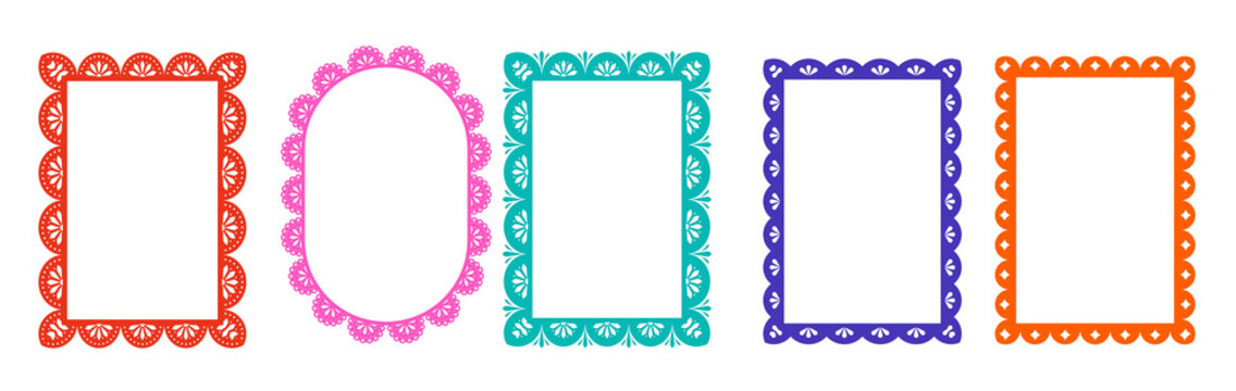 Collection of papel picado frames in traditional Mexican folk art style. Decorative vector borders for wedding invitations, fiesta flyers and Day of the Dead holiday party designs