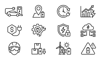 Fototapeta premium Electric Vehicle Icons: Charging, Battery, Eco Energy, Finance, Technology, Safety, Logistics