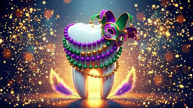Healthy molar tooth decorated with Mardi Gras beads and jesters hat. Dental holiday concept for dentistry and oral health.