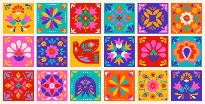 National Hispanic heritage month and Day of the Dead floral tiles background. Colorful vector illustration with geometric papel picado folk pattern.