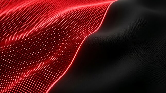 Abstract 3D glowing red led dot matrix wave on black textured fabric background