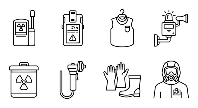 Radiation Safety Icons, Nuclear Protection Gear, Hazmat Equipment Vector Set