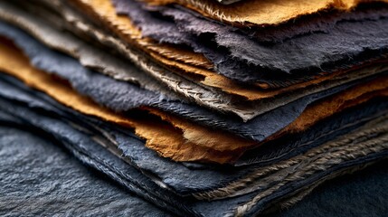 Fototapeta premium Hand-stitched mended paper layers in indigo and burnt sienna tones