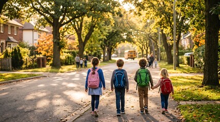 Obraz premium Three little kids with schoolbags walking along a sunlit neighborhood sidewalk on a beautiful crisp autumn morning