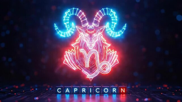 Neon bright capricorn zodiac sign with glowing horoscope symbol and futuristic effect. Astrology and horoscope prediction concept for calendar.