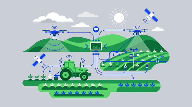 Smart farming technology with drones and satellite control.