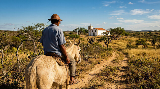 Traditional Northeastern Brazilian Cowboy Riding a Mule Through the Caatinga Toward a Historic Rural Chapel