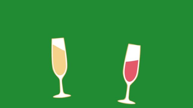 Two champagne glasses toasting vector graphic animation on a green screen background for new year party celebration