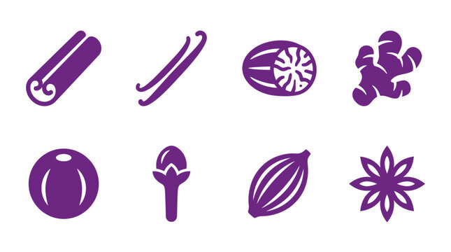 Collection of purple spice icons: cinnamon, vanilla, nutmeg, ginger, peppercorn, clove, cardamom, star anise