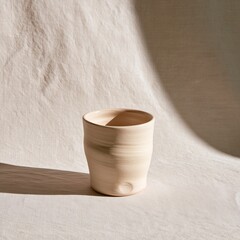 Obraz premium Stoneware cup with dramatic diagonal light through linen drape