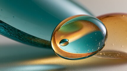 Obraz premium Macro hand-blown glass droplet in teal and amber refraction