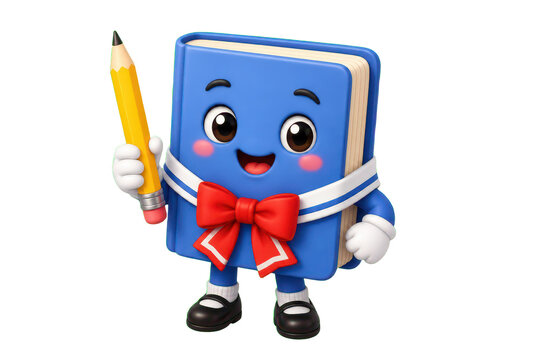 Blue book mascot holding pencil and wearing red bow