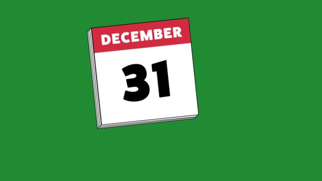 January 1 calendar flipping page vector graphic animation on a green screen background for new year celebration