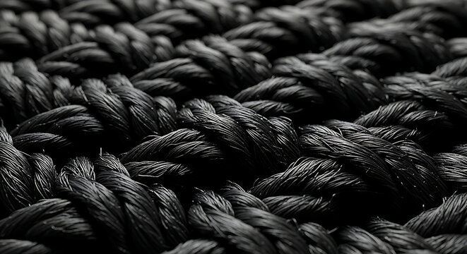 Detailed Black Braided Rope Texture with Macro View of Durable Fiber Material Pattern