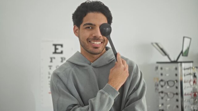 Man in gray hoodie holds occluder over right eye for acuity test at optician station in building; vision check confidence.