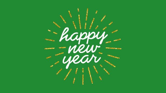 happy new year white calligraphy text with gold glitter burst on green background abstract minimal animation element