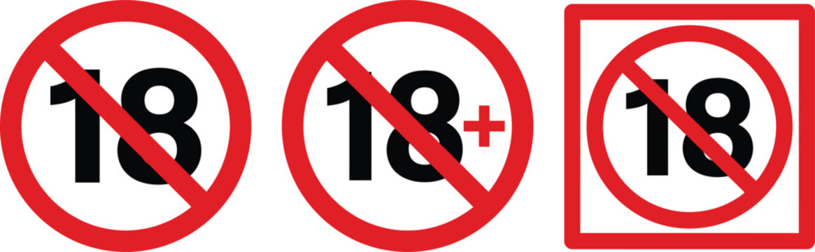 18+ Age Restriction Prohibition Signs - Adult Content Warning Vector Icons.
