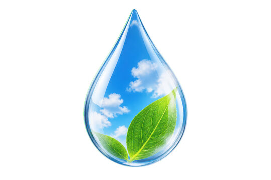 Leaf inside water droplet with reflected sky