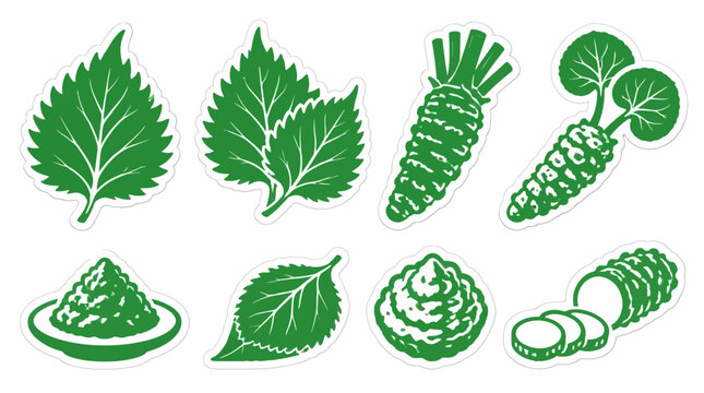 Wasabi and perilla leaf green sticker illustrations.