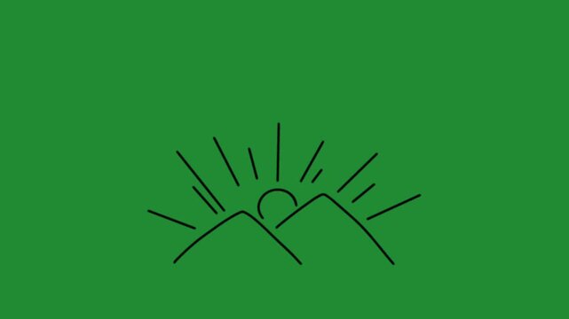 Hand drawn mountain sunrise line art doodle animation on green screen background for video editing stock element