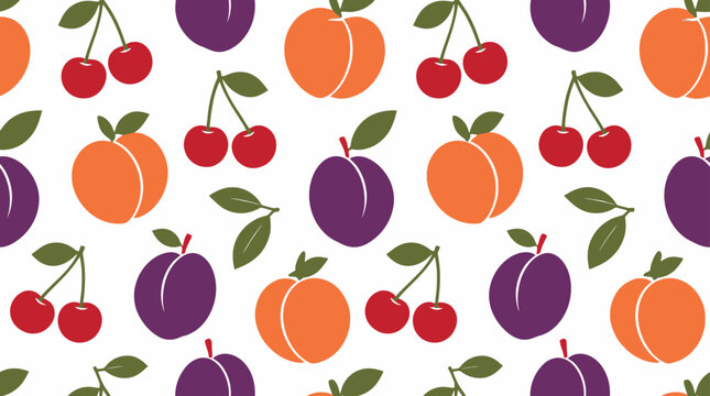 Seamless fruit pattern with peaches and cherries.