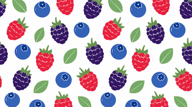 Colorful mixed berry pattern with leaves on white.