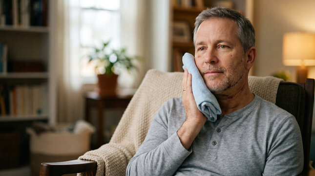 Man holding ice pack to face after aesthetic surgery. Caucasian patient recovering at home after facelift procedure. Postoperative care and facial rejuvenation recovery concept.