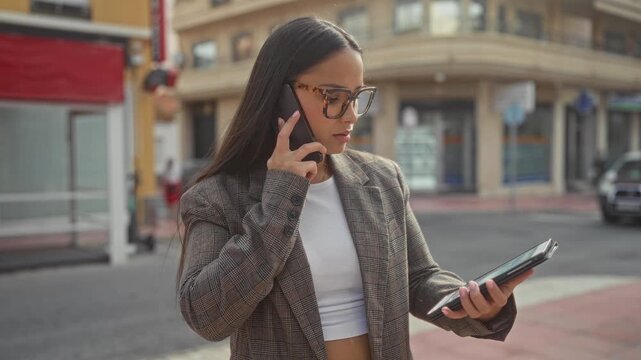 Woman holding smartphone to ear and checking tablet while wearing glasses and a plaid blazer on an urban street; concentration urgency.
