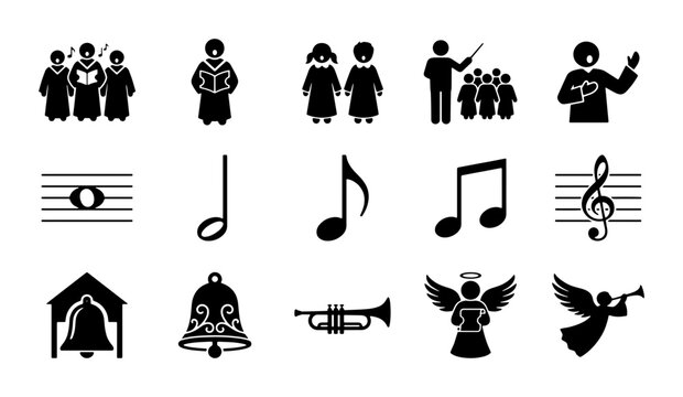 Church choir and music icons set, 15 black vector silhouettes of singers and musical notes, religious worship and gospel performance symbols