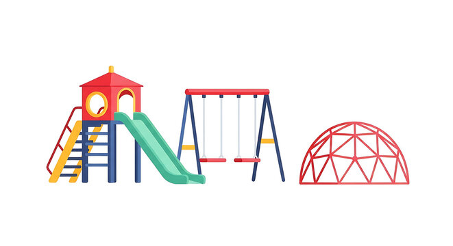 Colorful playground clipart illustration featuring a slide swing and climbing equipment set isolated on a white background for childrens park
