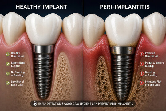 Healthy Dental Implant vs Peri-Implantitis Comparison Medical Illustration