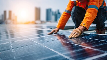 Obraz premium Workers installing solar panels on rooftop.