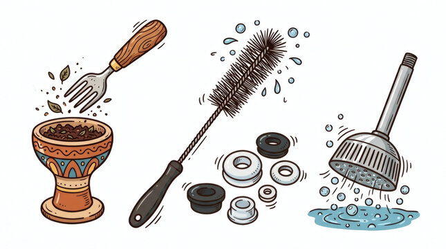 Set of playful hand drawn hookah master tools illustrations. Doodle drawings of packing forks, cleaning brushes, grommets and diffuser caps. Clean line art in retro style, isolated on white background