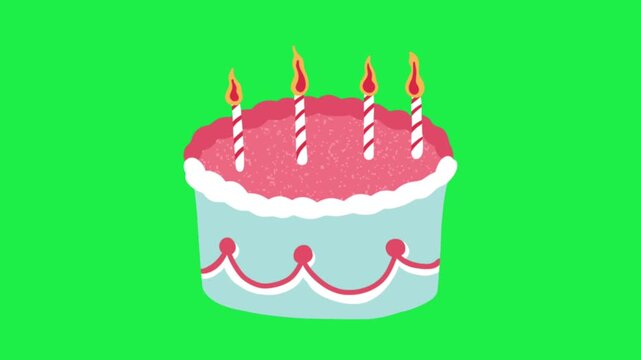 Pink birthday cake with burning candles on green screen background for party celebration chromakey video element