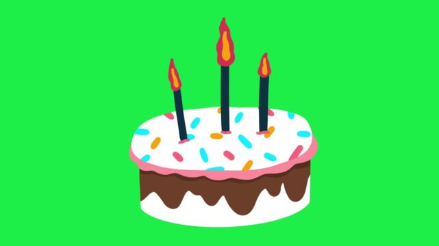 Pink birthday cake with burning candles on green screen background for party celebration chroma key video element
