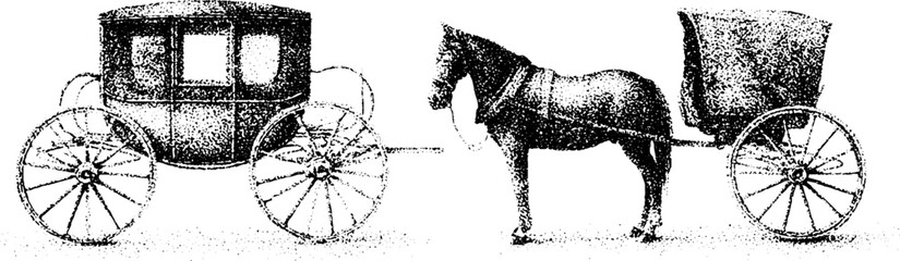 Obraz premium Black and white vintage horse drawn carriage and cart with closed coach and pannier for historical reference and transport design background