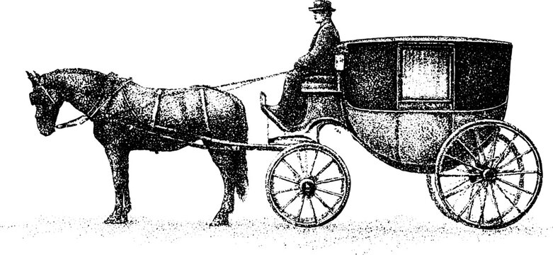 Black and white stippled brougham coachman horse drawn carriage engraving for historical background and print design and museum labels